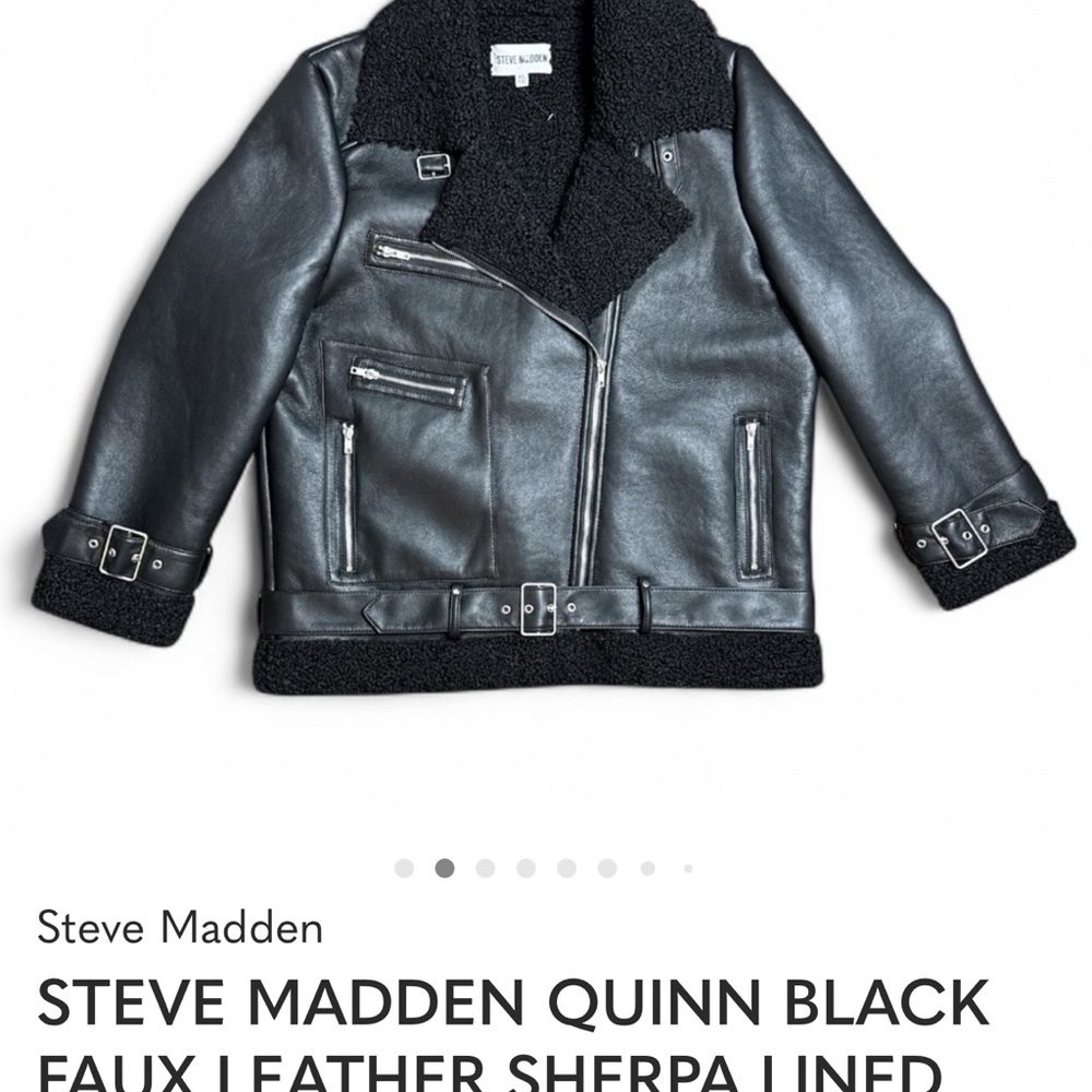 STEVE MADDEN QUINN BLACK FAUX LEATHER SHERPA LINED MOTO JACKET